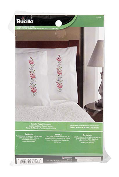 Bucilla 47704 Stamped Cross Stitch and Embroidery Sampler Rose Pillowcase Kit 20 by 30"