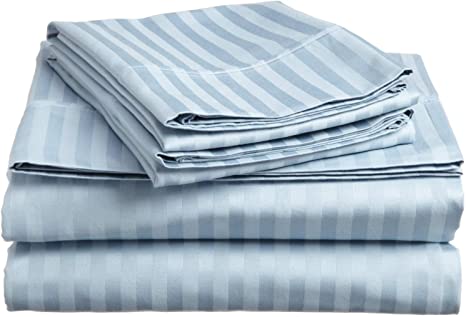 Italian Luxury 600 Thread Count 100% -Egyptian-Cotton Very Comfy Soft & Thick Queen Size 4 Piece Sheet Set Fit 9" Inch to 12" Inch Deep Pocket { Stripe}. Light Blue