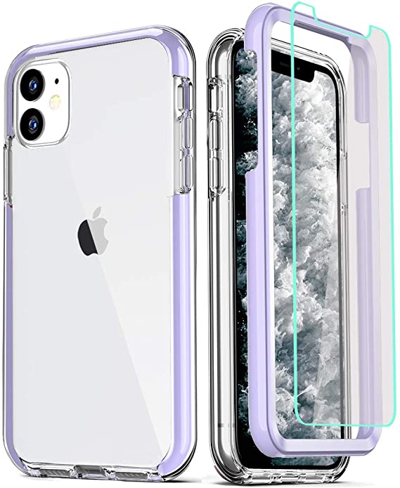 COOLQO Compatible for iPhone 11 Case, with 2 x Tempered Glass Screen Protector Clear 360 Full Body Coverage Hard PC Soft Silicone TPU 3in1 Heavy Duty Shockproof Defender Phone Protective Cover Purple