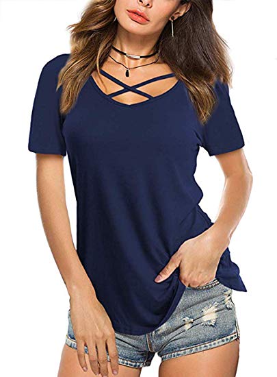 Womens Short Sleeve T Shirts V Neck Comfy Loose Casual Tops