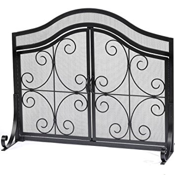 Fireplace Screen with Doors Flat Guard Fire Screens Outdoor Large Metal Decorative Mesh Solid Baby Safety Proof Fench Wood Burning Stove Accessories Wrought Iron Fire Place Panels Cover Black 33"x43"