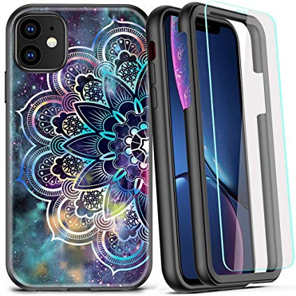 COOLQO Compatible for iPhone 11 Case, 360 Full Body Coverage Hard PC Soft Silicone TPU 3in1 Shockproof Phone Cover [Certified Military Protective] with [2 x Tempered Glass Screen Protector]-Mandala
