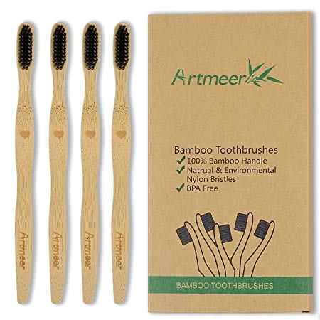 Bamboo Toothbrush Soft Charcoal Infused Bristles BPA Free Organic and Biodegradable Toothbrushes Pack of 4 by Artmeer