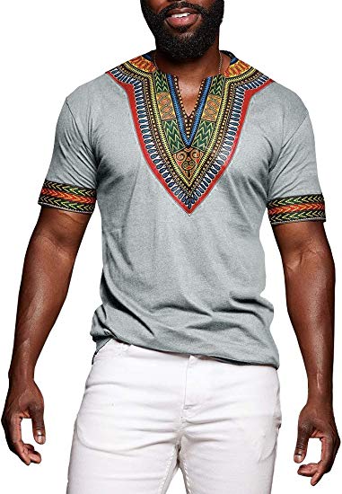 Karlywindow Mens Dashiki Africa Short Sleeve T-Shirts V Neck Floral Print Tee Shirts Top
