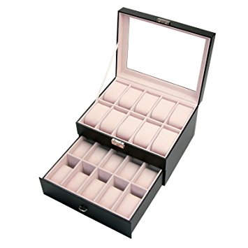 CO-Z Black Leather Display Box Jewelry Box Lockable Watch Case (20 Compartments, Watch Jewelry Display)