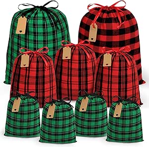 Shintop Fabric Gift Bags Drawstring, 9pcs Reusable Christmas Sacks Assorted Sized Buffalo Plaid Cloth pouches with Gift Tags Holiday Wrapping for Xmas Party Presents(Red, Green)