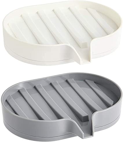 asika Soap Dish for Bathroom, Bar Soap Holder with Self Draining Tray for Shower, Waterfall Drain Soap Saver, Set of 2, Plastic, White   Gray