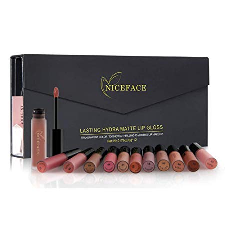 Matte Nude Lipstick Set, NICEFACE 12 Colors Waterproof Long Lasting Lip Gloss Non-Stick Cup Liquid Lipstick