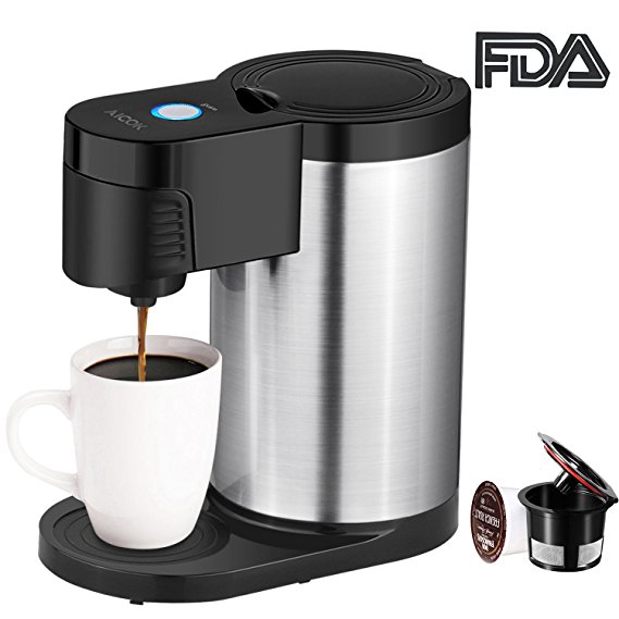 Aicok Single Serve Coffee Maker, Single Cup Coffee Maker for Most Single Cup Pods including K Cup Pods, One Cup Coffee Maker with Stainless Steel Body