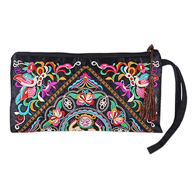 Sanwood Women's Retro Ethnic Embroider Purse Wallet Phone Bag (Butterfly Flower)