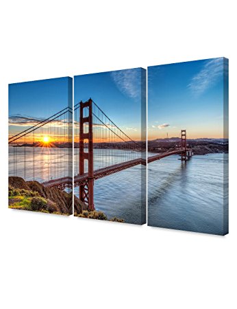 DecorArts - Golden Gate Bridge, San Francisco, Califonia. (Triptych). Giclee Canvas Prints for Wall Decor. 48x32"
