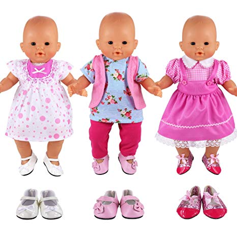 BARWA Handmade 3 Pcs Dresses Clothing and 3 Pairs Shoes Lovely Clothes Costume for 14 to 16 Inch Dolls