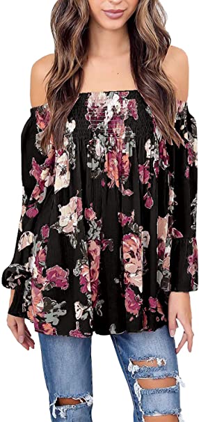 Women's Summer Chiffon Floral Off The Shoulder Tops Casual Shirts Blouses Long Bell Sleeve