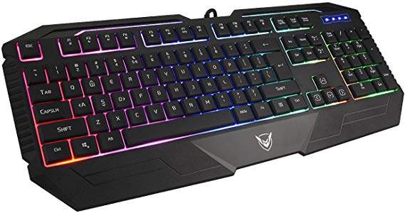 PICTEK Gaming Keyboard, Rainbow LED Backlit Keyboard Computer Keyboard, Wired Gaming Keyboard, 26 Keys Anti Ghosting Ergonomic Wrist Rest Keyboard for PC/Mac/Laptop Games - Black