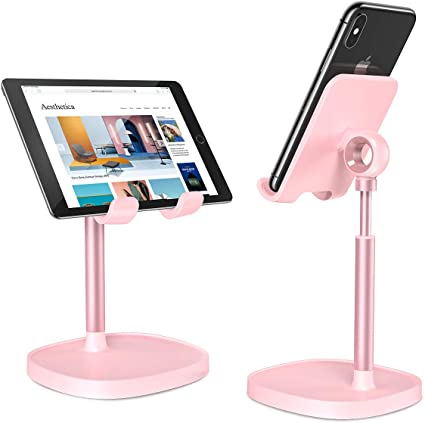 Cell Phone Stand,Angle Height Adjustable Stable LISEN Cell Phone Stand for Desk,Sturdy Aluminum Metal Phone Holder,Compatible with Mobile Phone/iPad Mini-Pink