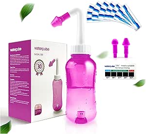 Waterpulse Neti Pot Sinus Rinsing, Nasal Wash Bottle Sinus Rinsing Bottle Cleaner Pressure Irrigation Neti-Pot with Sticker Thermometer for Adult & Kid BPA Free (Pink)