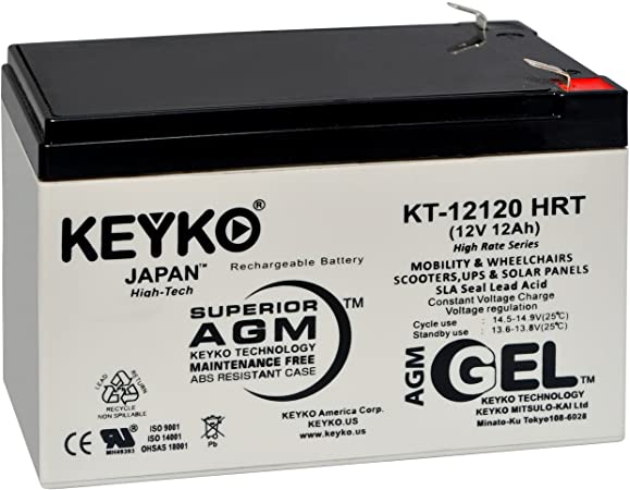 Battery 12V 12Ah - Fresh & Real 14.0 Amp - Gel Deep Cycle AGM/SLA Designed for Generic Use - Genuine KEYKO KT-12120 HRT - F2 Terminal