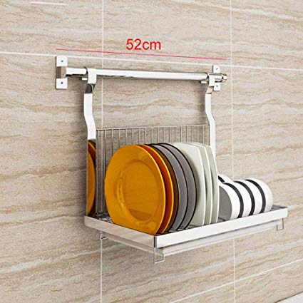 Wall-Mounted Dish Rack - 304 Stainless Steel Folding Drain Stand - 85° Kitchen Storage Rack - With 52cm Hanging Rod