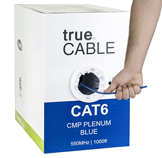 Cat6 Plenum (CMP), 1000ft, Blue, Solid Bare Copper Bulk Ethernet Cable, 550MHz, ETL Listed, 23AWG 4 Pair, Unshielded Twisted Pair (UTP), trueCABLE
