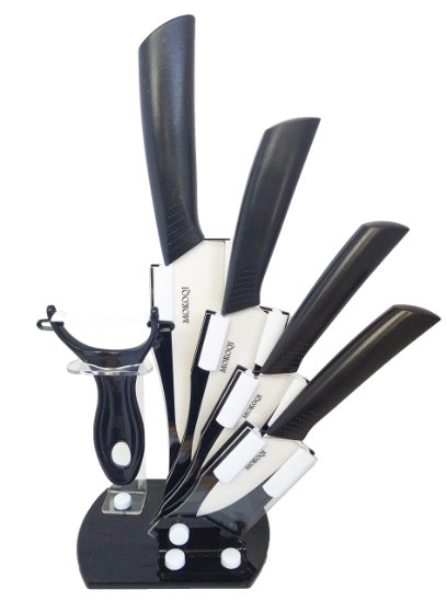 MOKOQI Professional 7 Piece Ceramic Kitchen Knife Cutlery and Peeler Set - Includes 6 Chefs 5 Slicing 4 Paring 3 Fruit Knife and One Peeler Plus Black Block and Scabbard black