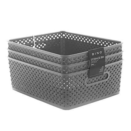 BINO Woven Plastic Storage Basket, Large – 3 PACK (Grey)