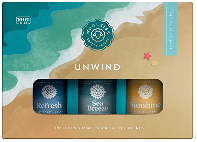 Woolzies 100% Pure & Natural Unwind Essential Oil Blend Set | Highest Quality Aromatherapy Therapeutic Grade | Incl. Refresh, Sea Breeze, Sunshine Blends