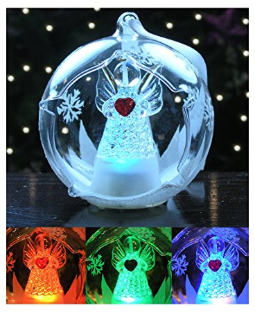 LED Glass Globe Christmas Ornament Angel with Red Heart and Hand Painted Glittery Snowflakes - Color Changing Lights