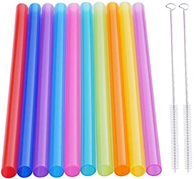 10 Pcs Reusable Wide Long Colorful Jumbo Smoothie Straws with 2 Cleaning Brushes.(0.4'' diameter and 10.2" long)-10 Color Value Pack-Use for Milkshake Smoothie Boba.