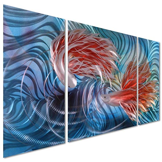 Tropical Fish Love Metal Wall Artwork Decor - Blue Modern Decorative Nautical Sea Art Sculpture for Kitchen and Bedroom - Set of 3 Panels 50" x 24"