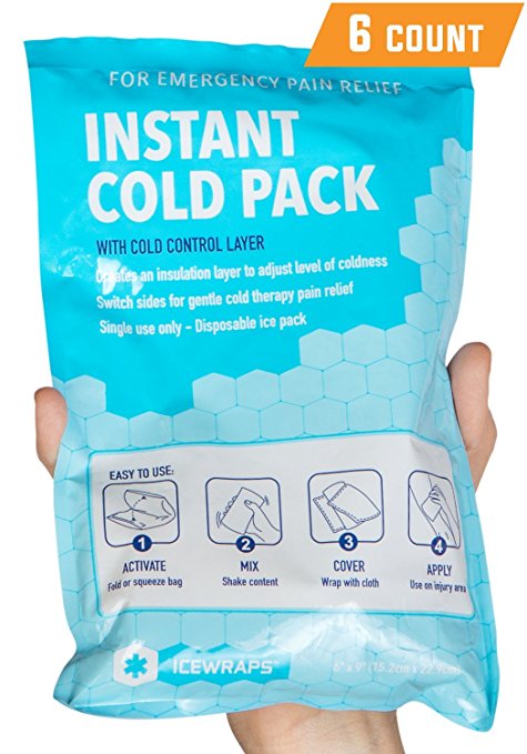 IceWraps 6” x 9” Instant Cold Breakable Ice Packs - Emergency Disposable First Aid Ice Packs (6 Pack)