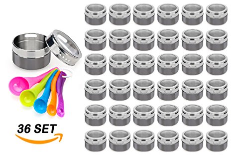 Stainless Steel Magnetic Spice Jars – Bonus Measuring Spoon Set – Airtight Kitchen Storage Containers – Stack on Fridge to Save Counter & Cupboard Space – 36pc Organizers in Gray