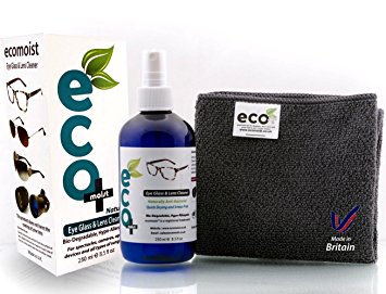 Ecomoist Eyeglass Cleaner 250ml, Lens Cleaner and Optical Cleaner - Fine Microfiber Towel - All Natural - MADE IN UK, GREEN PRODUCT, NO AMMONIA AND ALCOHOL, Cleans all dusts and stains, Use for Glasses, Sun Glasses, Reading Glasses, Camera Lens and Spectacles without harming the coating of the Glass/Lens