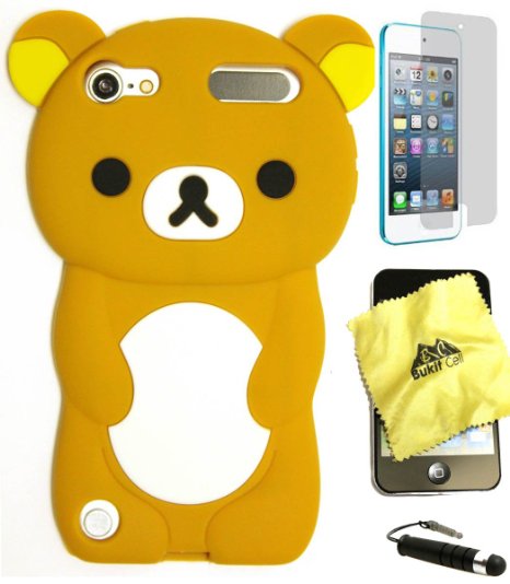 Bukit Cell 3D Cartoon Bundle 4 Items: Brown Bear Soft Silicone Case for Ipod Touch 6th /5th Generation   BukitCell Cleaning Cloth   Screen Protector  Bukit Cell ® Metallic Stylus Touch Pen