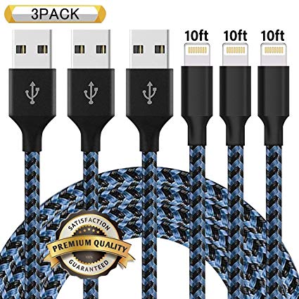 iPhone Charger,Ulimag MFi Certified Lightning Cable 3 Pack 10FT Extra Long Nylon Braided USB Charging & Syncing Cord Compatible iPhone Xs/Max/XR/X/8/8Plus/7/7Plus/6S/6S Plus/SE/iPad/Nan Black Blue