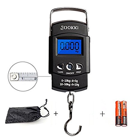 Fish Scale,JOOKKI Hanging Scale Portable Dial Scale LCD Digital Weight Electronic Scale 110lb/50kg with a Tape Measure for Tackle Bag,Luggage,Baggage,(Black)
