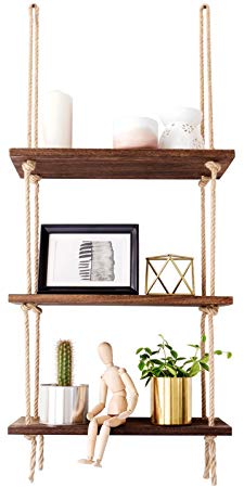 Mkono Wood Hanging Shelf Wall Swing Storage Shelves Jute Rope Organizer Rack, 3 Tier