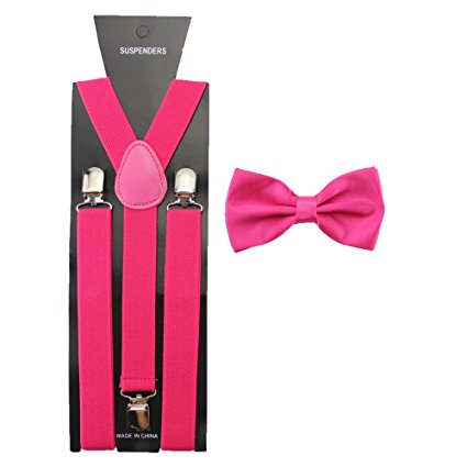 HABIBEE Solid Color Mens Suspender Bow Tie Set Clip On Y Shape Adjustable Braces