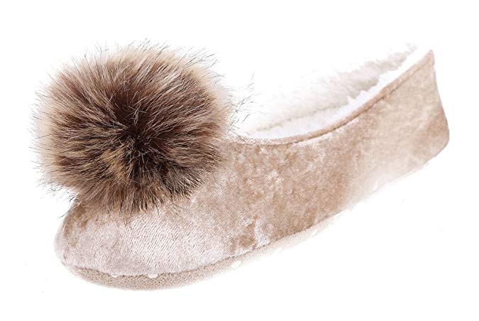 Arctic Paw Sunny Slipper - Fleece Lined with Faux Fur Pompoms