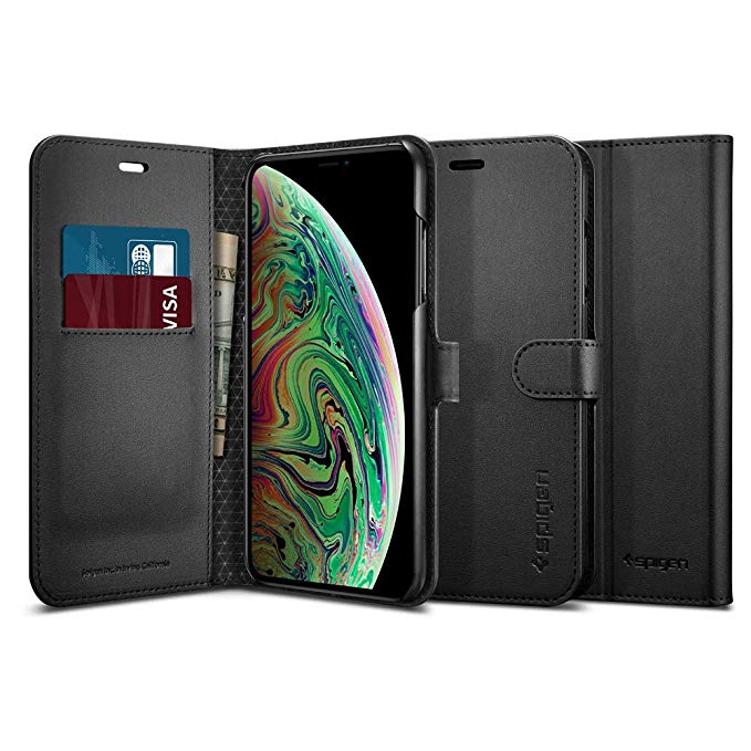 Spigen [Wallet S] iPhone Xs Max Case Cover 6.5 inch with Foldable Synthetic Leather with Kickstand Feature and Card Slot for iPhone Xs Max (2018) 6.5 inch - Black