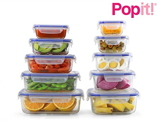 Glass Meal Prep Containers - 20 Mix Piece Set, Borosilicate Glass, High Heat Resistance (750 °F), BPA Free, 100% Leak Proof - Microwave, Freezer, Oven & Dishwasher Safe - Glass 10+10 Set, by Popit!