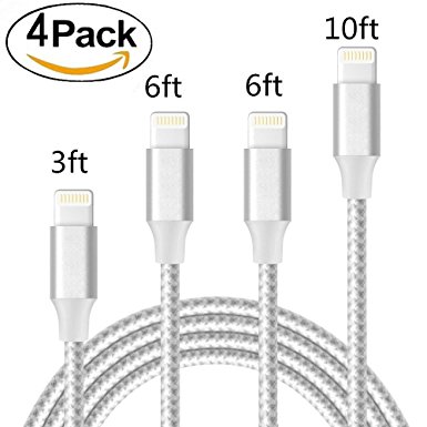 Lightning Cable, 4 Pack iPhone Cable (3FT 6FT 6FT 10FT) Nylon Braided Cord Charging Charger Cable for iPhone X/ 8 Plus/ 8/ 7 Plus/ 7/ 6 Plus/ 6/6s Plus/ 6s/ 5/ 5c/5s/ iPad/ iPod and More (Silver)