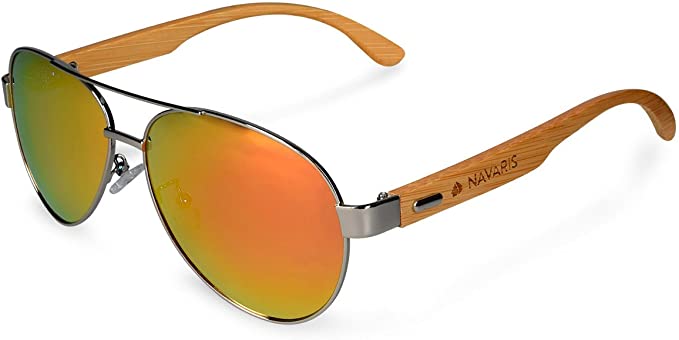 Navaris Pilot Style UV400 Bamboo Sunglasses - Unisex Wooden Optics Glasses - Classic Wood Shades Women Men - Eyewear with Case Polarized Lenses