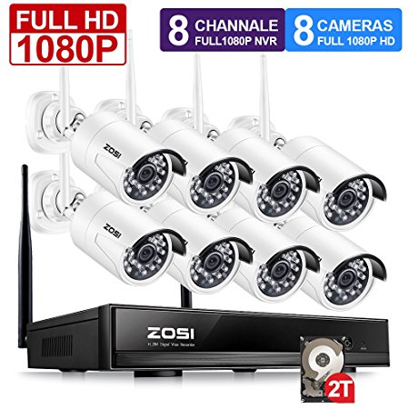 ZOSI 1080P 8CH HD Wireless Security Camera System 8Channel 1080P NVR 2TB Hard Drive and (8) HD 2.0MP 1080P Indoor/Outdoor Bullet IP Cameras 65ft Night Vision, Customizable Motion Detection