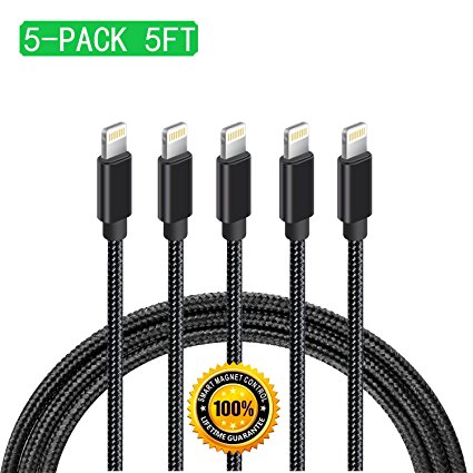 iPhone Charger Cords, 5Pack 5FT Lightning Cable to Ansuda USB Charging Data lines for iPhone 7 / 7 Plus / 6s / 6s Plus / 6 / 6 Plus / 5 / 5s / 5c, iPad mini /Air /Pro iPod touch (Black)