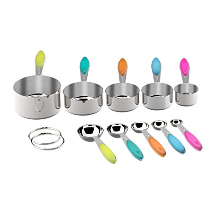10-piece 18/8 Measuring Cups and Spoons Set, Ejoyous Stainless Steel Kitchen Tool with Colorful Silicone Handle Grip for Baking Accessories  (Multicolor)