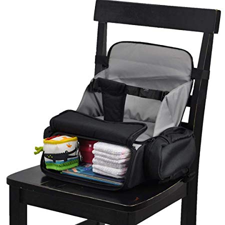 3 in 1 - Cozy Travel Booster Seat/Backpack/Diaper Bag for Your Toddler/Baby. Perfect for Home or Travel. Great Baby Shower Gift (Black/Gray)