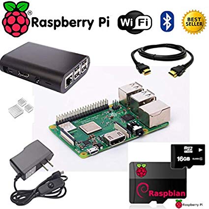 Raspberry Pi 3 B  (B Plus) Ultimate Starter Kit- Includes Raspberry Pi Motherboard, 5V 2.5A On/Off Power Supply, Black Case, 16GB SD Card with Opearting System, 3pc Heatsinks, HDMI Cable- Plug N Play
