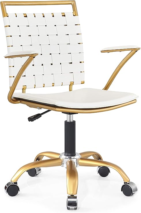 LUXMOD Vanity Chair Gold Office Chair Mid Back Ergonomic Swivel Computer Desk Chair with Arms, Ergonomic White Leather Chair for Lumbar Support & Extra Back,Home Office Chair for Desk