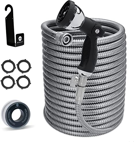 Morvat 150 Foot Stainless Steel Expandable Garden Hose | Heavy Duty Metal | Resistant to Knots Tangles and Punctures | Steady Spray for Garden Lawn Washing Car Or Pets | Outdoor Use