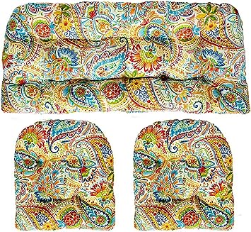 3 Piece Wicker Cushion Set - Indoor/Outdoor Wicker Loveseat Settee & 2 Matching Chair Cushions - Gilford Primary Thin Line Floral Paisley